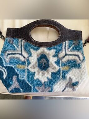 Myra Bag Blue Patterned Cowhide handle tote with Cutout Handle